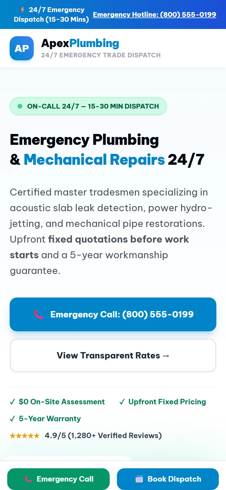 Apex Trade & Emergency Plumbing Engine Mobile View